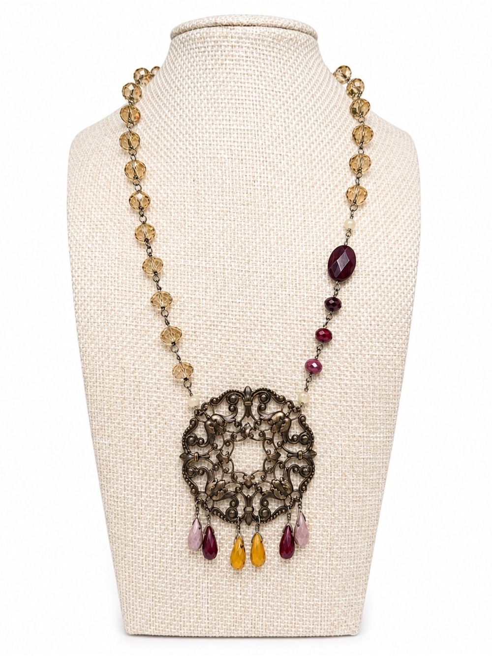 Vintage Boho Filigree Statement Necklace Beaded Dangle Pendant Artisan Chic